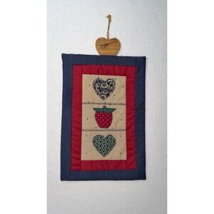 Vintage Quilted heart Wall Hanging Hearts Strawberry Navy Red cottage core